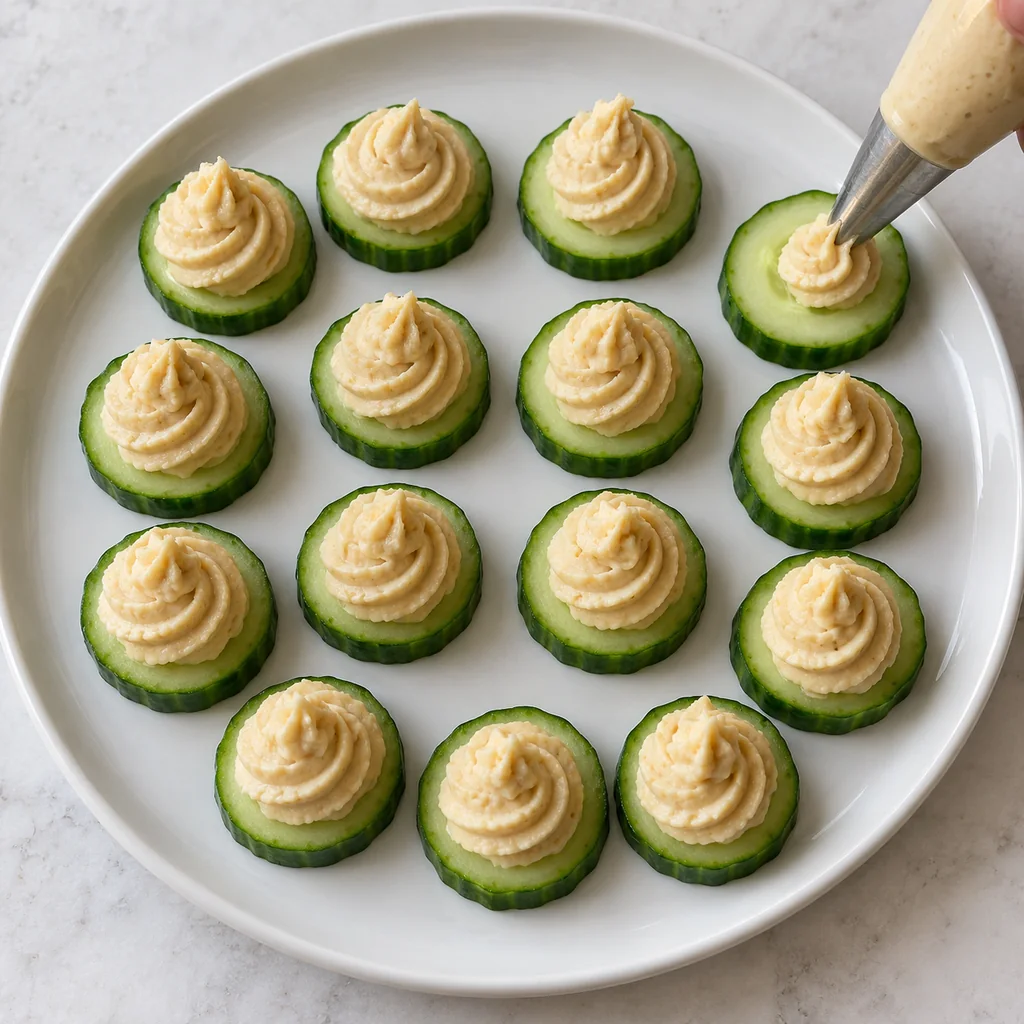 Classic hummus being piped onto thick cucumber rounds on a platter