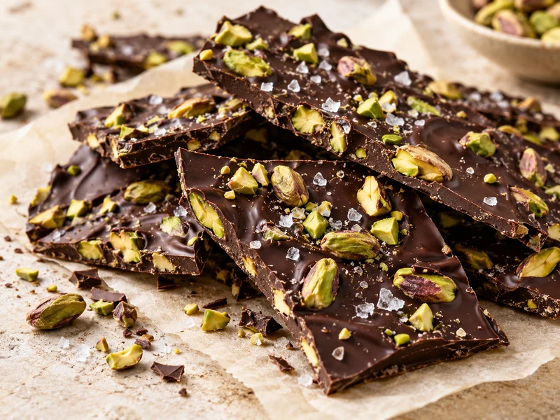 Dark chocolate bark pieces topped with green pistachios and flaky sea salt