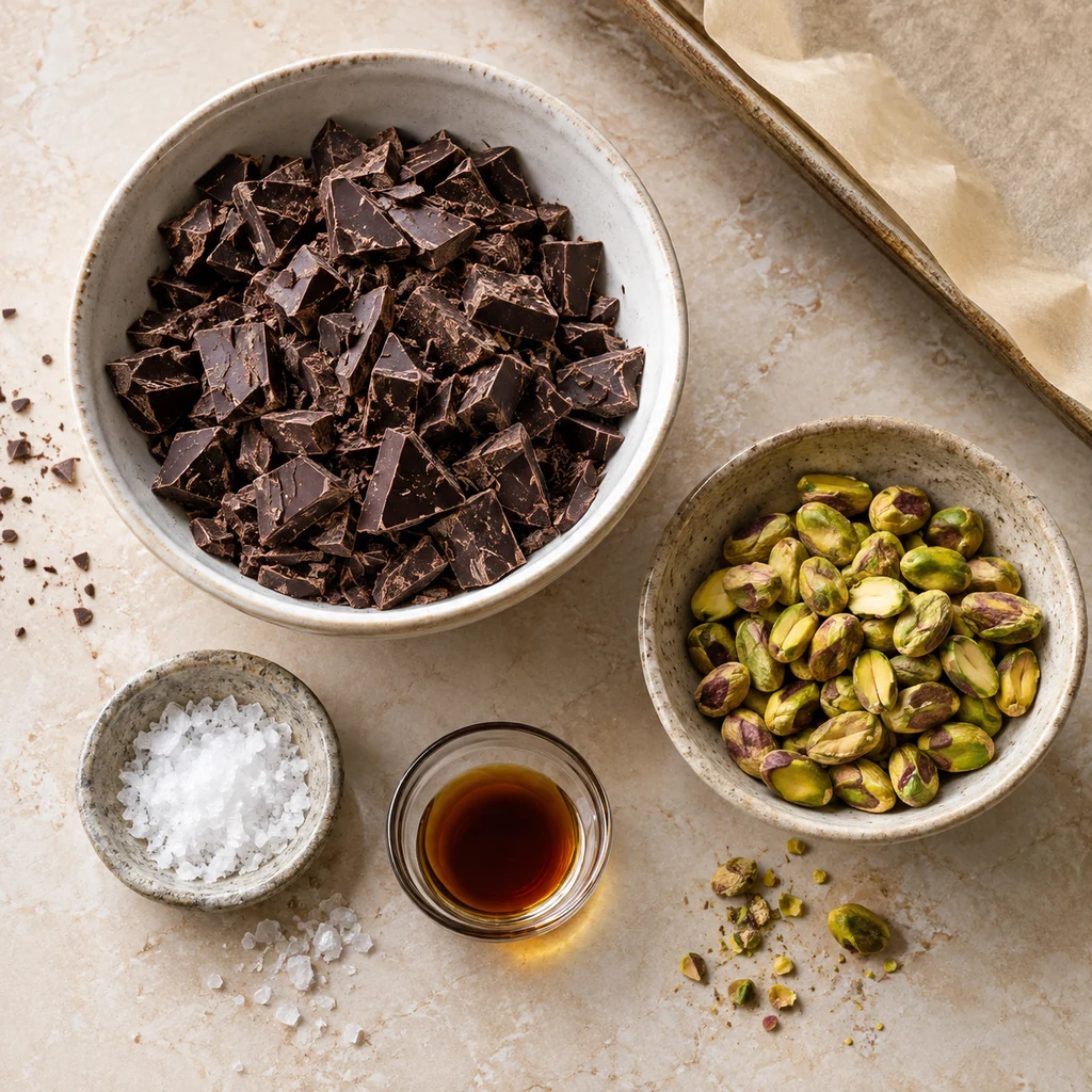 Chopped dark chocolate, roasted pistachios, flaky sea salt and vanilla arranged on a pale surface