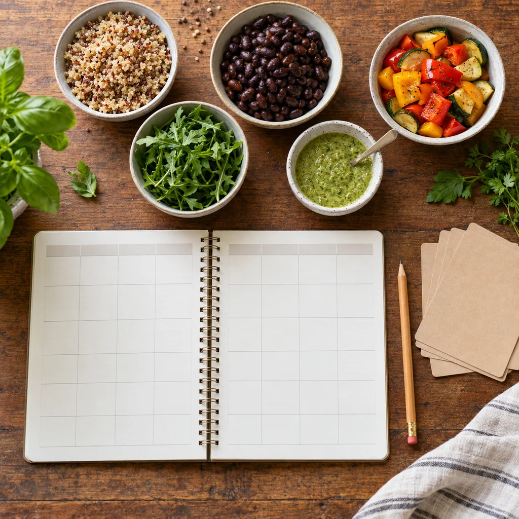 Blank weekly planner surrounded by quinoa, beans, vegetables, greens, and sauce for meal prep planning