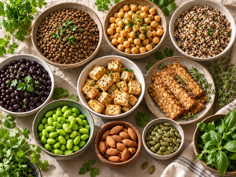 A colorful spread of beans, lentils, quinoa, tofu, tempeh, edamame, nuts, and seeds