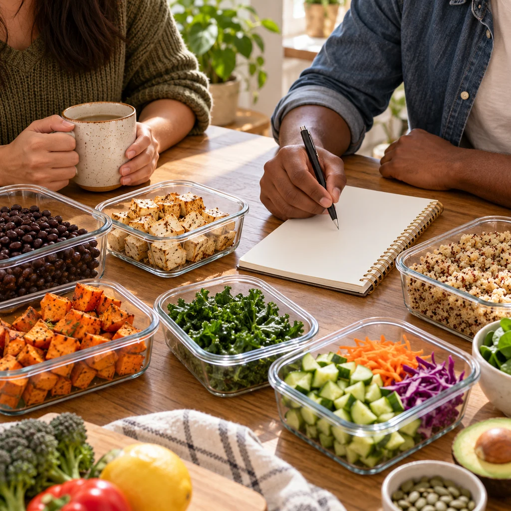 People planning plant-based meals beside prepared beans, tofu, grains, and vegetables