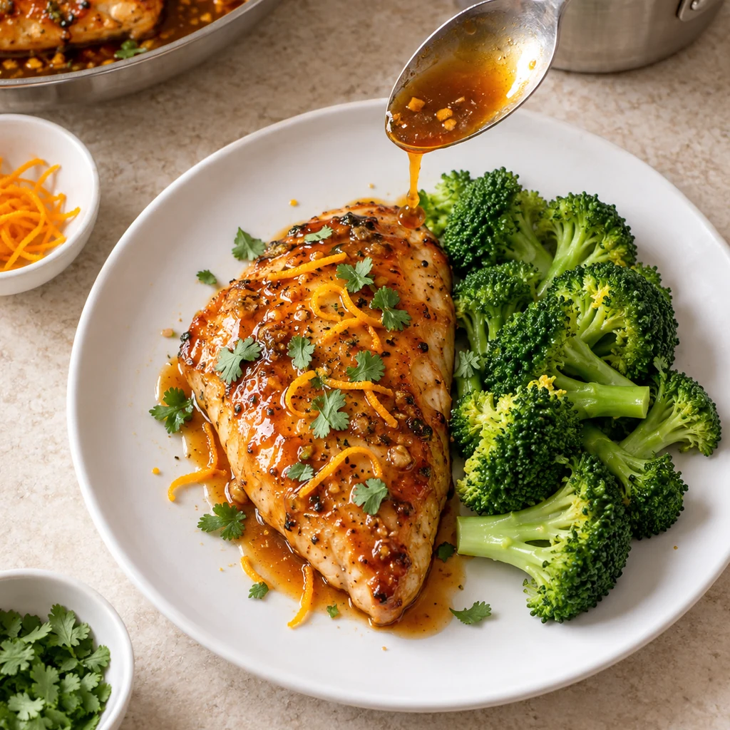 One orange-glazed chicken breast plated beside steamed broccoli with a small final glaze drizzle