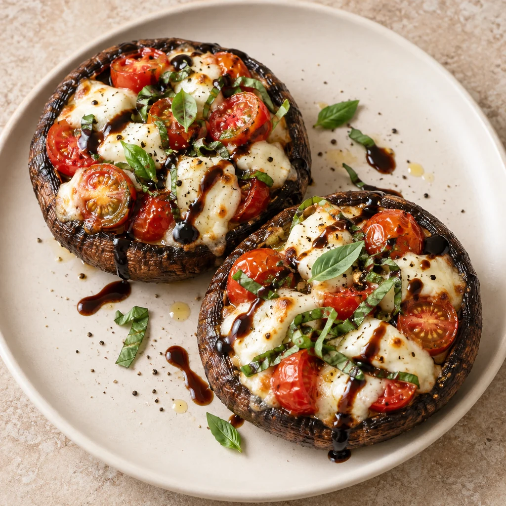 Two warm Caprese stuffed portobello mushrooms plated with melted mozzarella, tomatoes, basil and balsamic drizzle