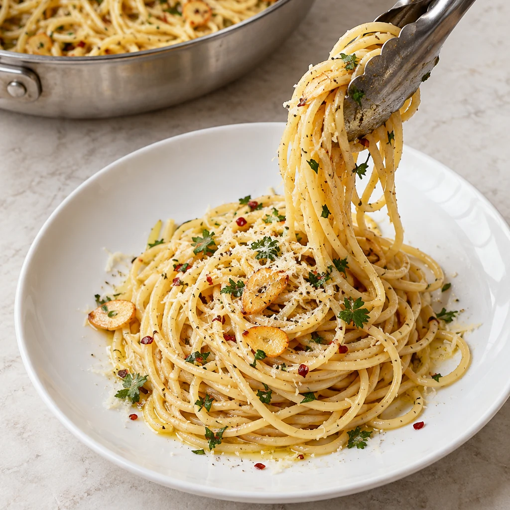 Spaghetti aglio e olio with visible golden garlic and chili being lifted onto a white serving plate