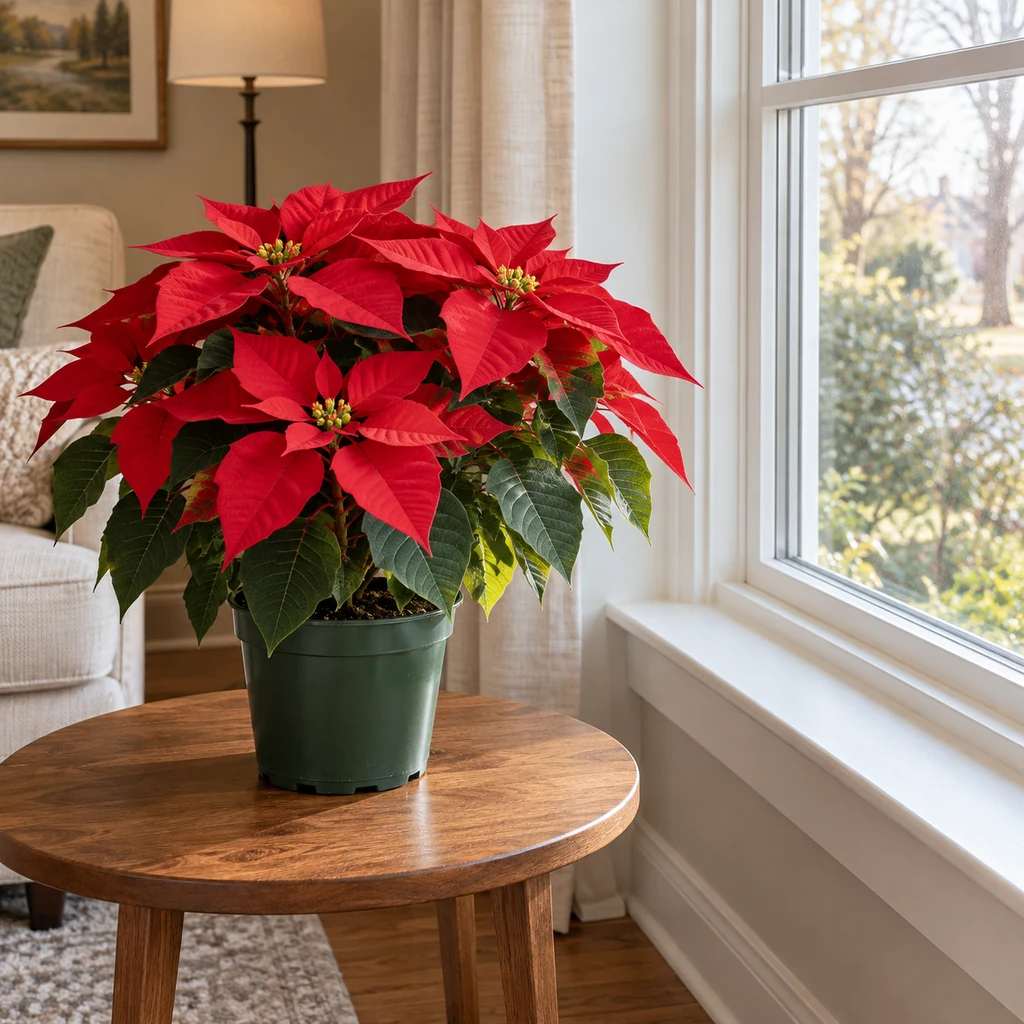 Red poinsettia on a table near a bright window with leaves clear of the glass