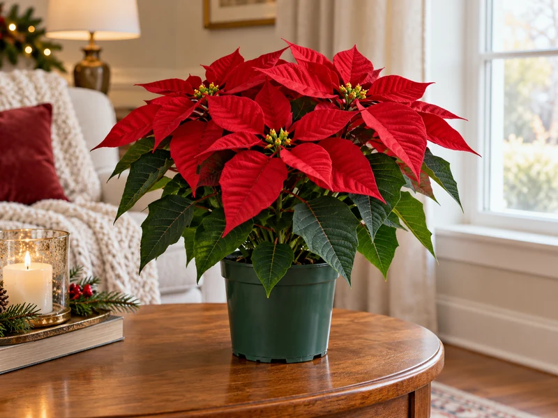 Healthy red poinsettia in a nursery pot on a table near a bright window