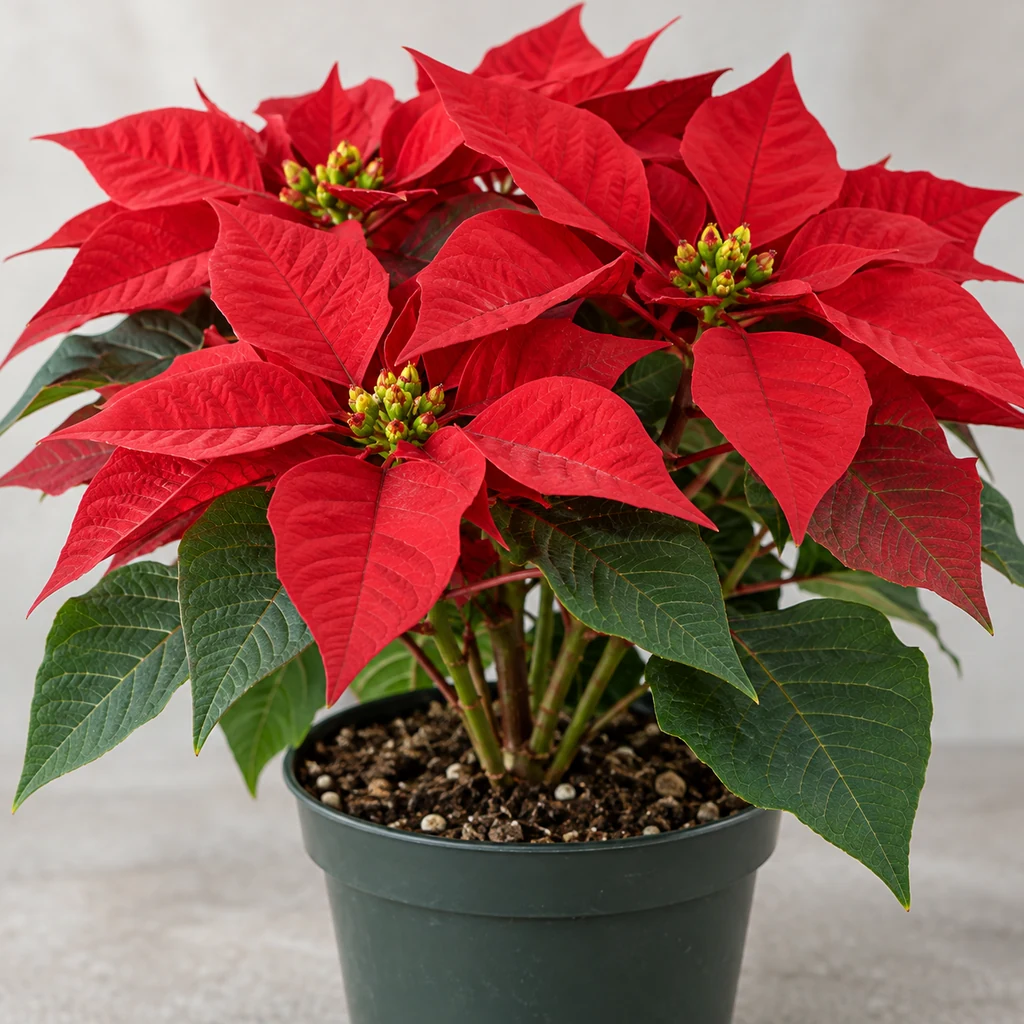 Healthy red poinsettia with unopened central flower buds and firm green lower leaves