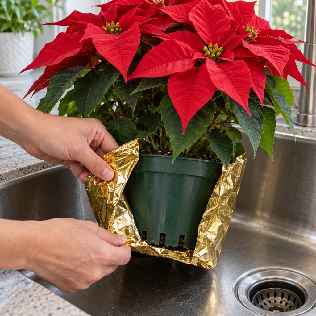Decorative foil pulled away from the drainage holes of a poinsettia nursery pot