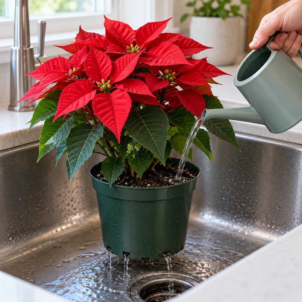 Poinsettia watered at the soil in a sink with runoff draining from the nursery pot