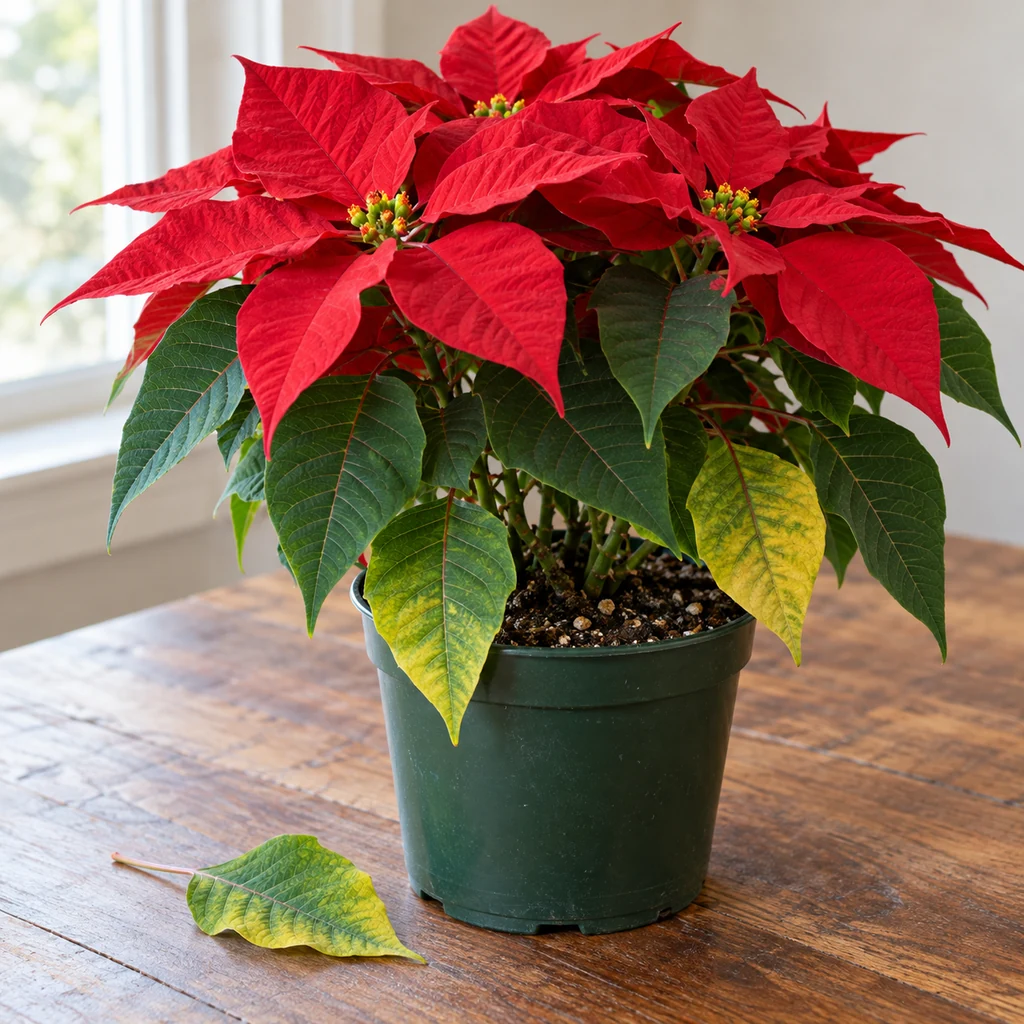 Poinsettia with a few yellow lower leaves and one fallen leaf on a wooden table