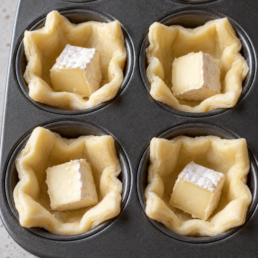 One small chilled brie cube centered in each of four raw puff pastry cups