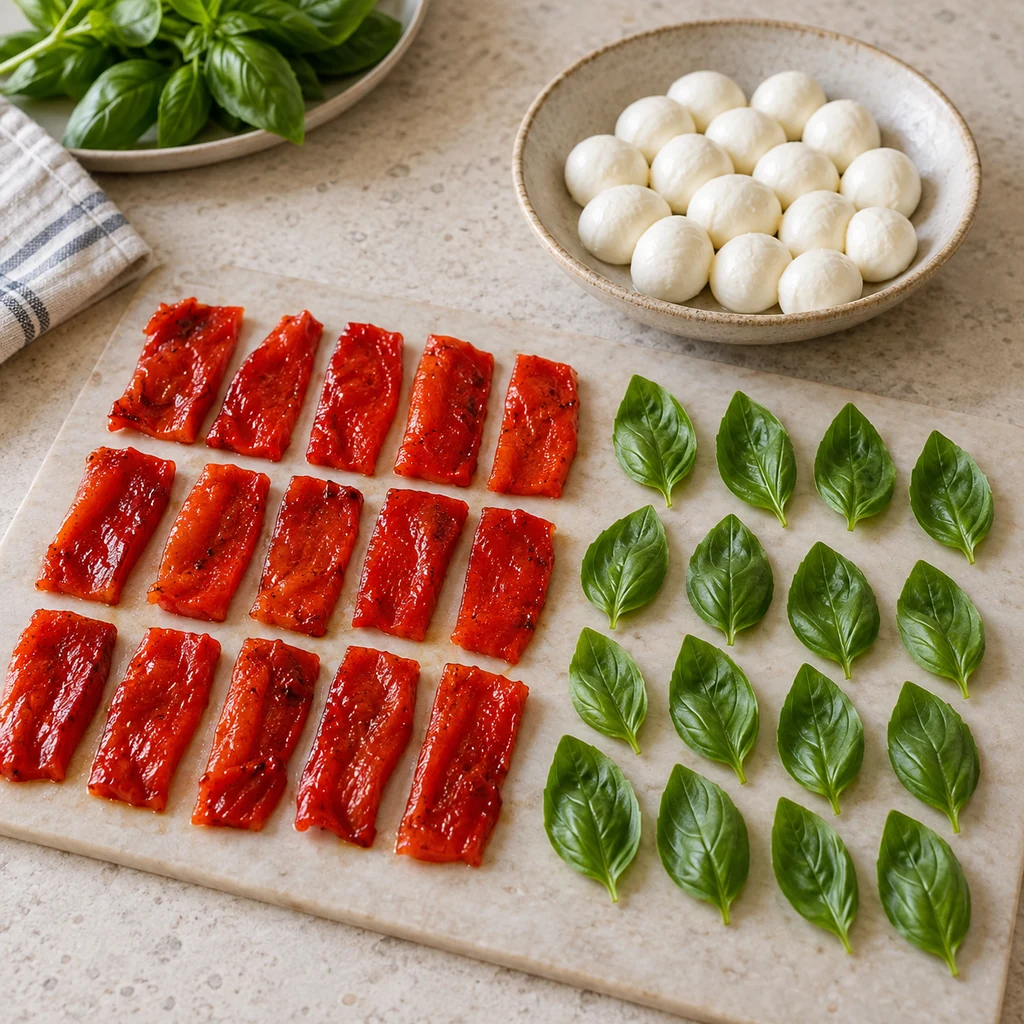 Roasted red pepper strips and basil leaves portioned beside mozzarella balls