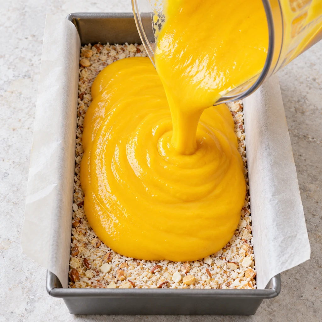 Golden mango coconut puree being poured over a coconut almond crust