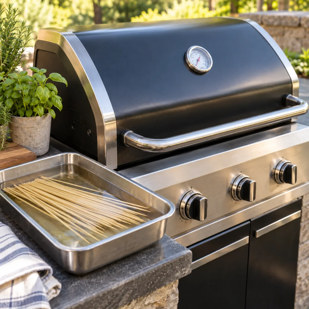 Outdoor grill preheating beside wooden skewers soaking in water