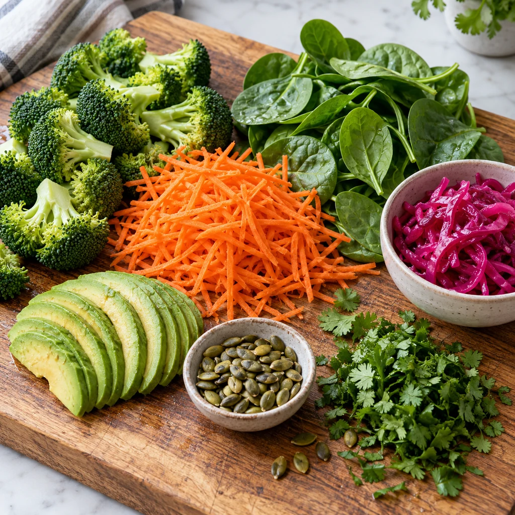 Broccoli, spinach, shredded carrot, avocado, pickled cabbage, cilantro and pumpkin seeds prepared for Buddha bowls