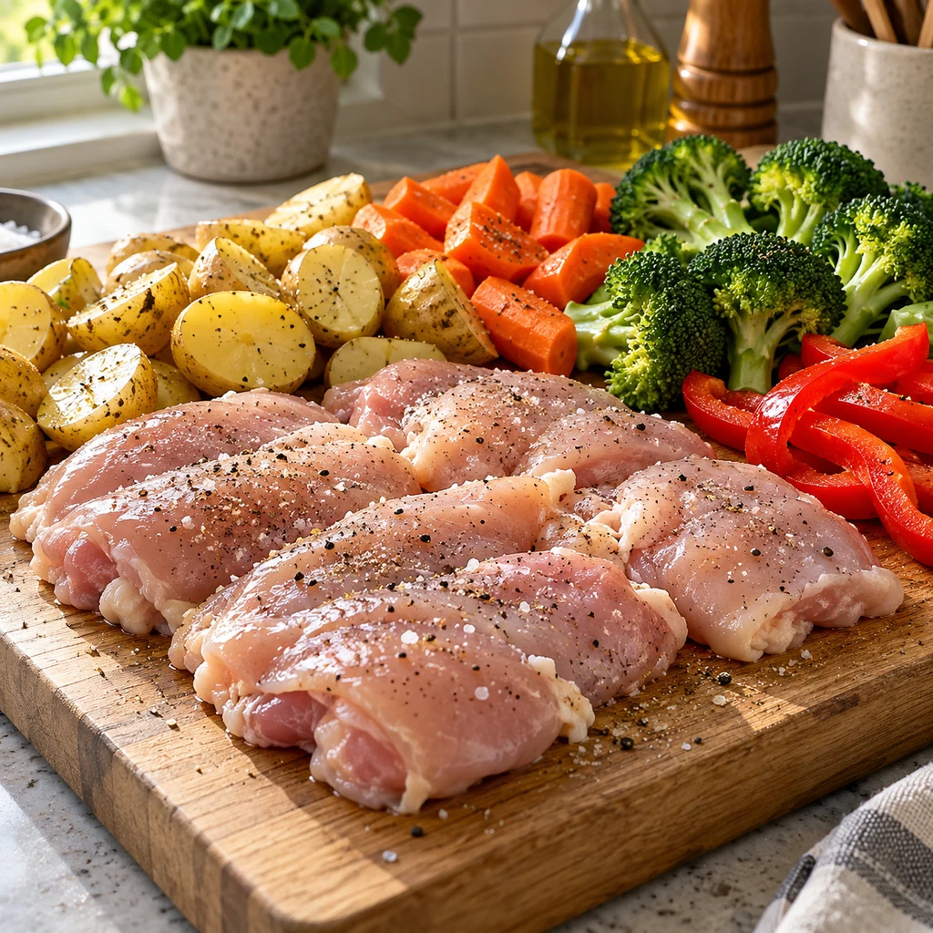 Seasoned chicken thighs with prepared baby potatoes, carrots, broccoli and red bell pepper