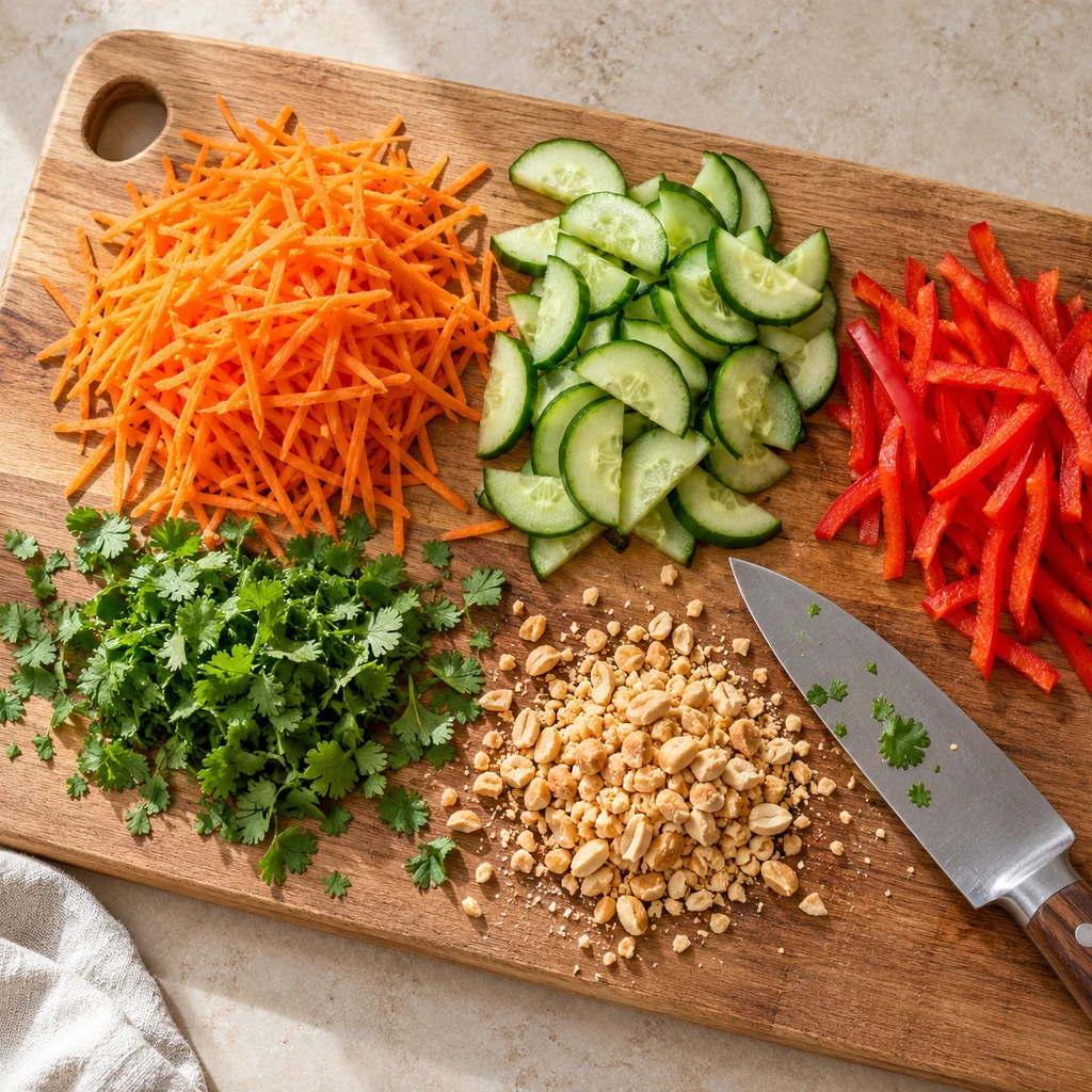 Shredded carrots, sliced cucumber, red pepper matchsticks, chopped cilantro and crushed peanuts prepared separately on a board