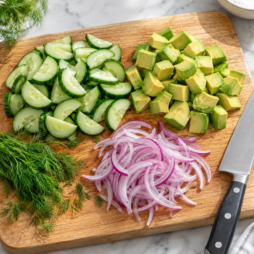 Cucumber half-moons, avocado cubes and thin red onion prepared on a cutting board