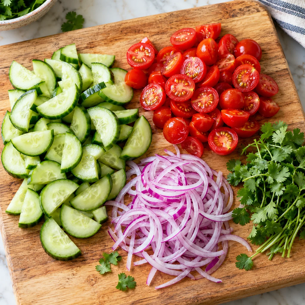 Cucumber half-moons, halved cherry tomatoes, thin red onion and cilantro prepared on a wooden board