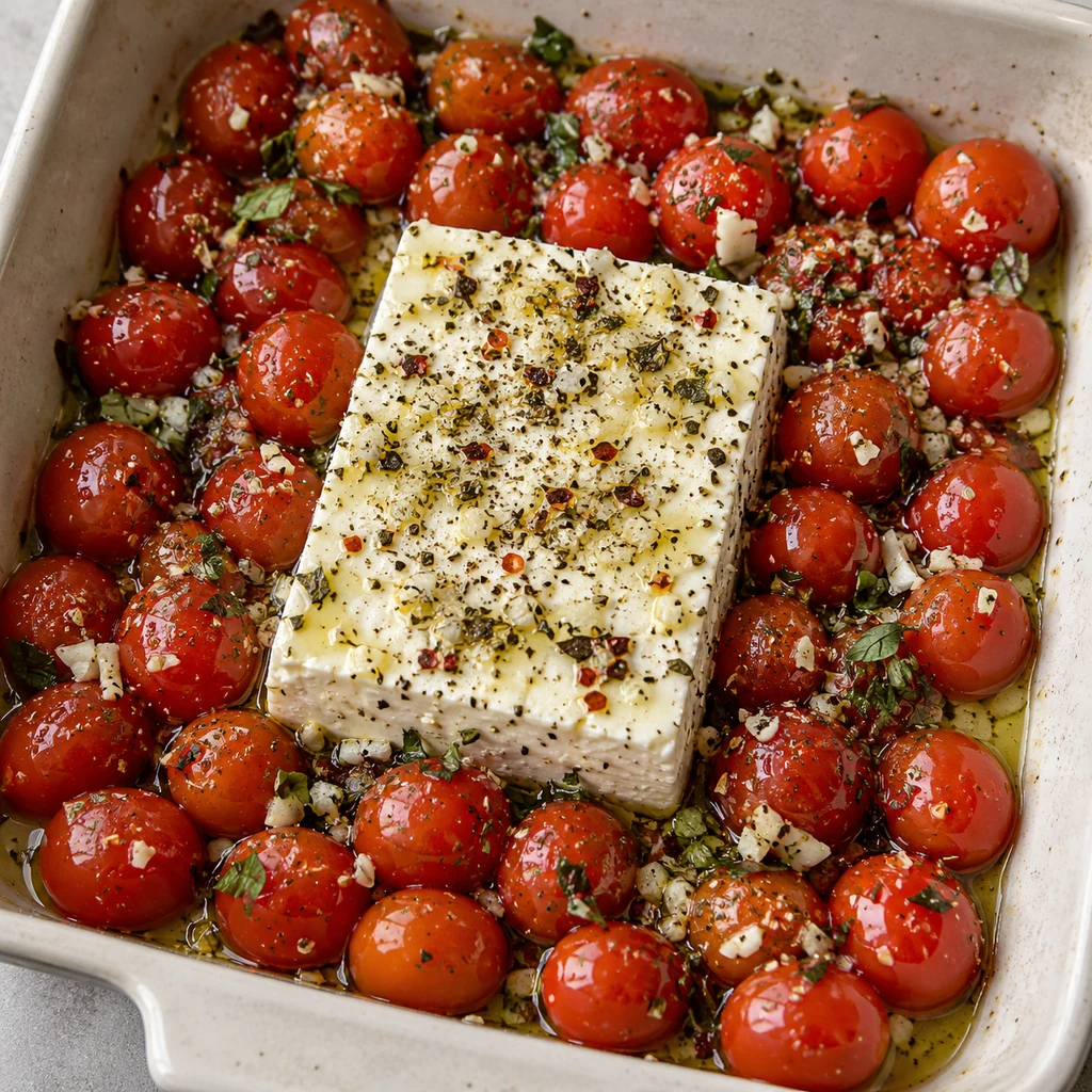 Feta block and seasoned cherry tomatoes in a ceramic baking dish before baking