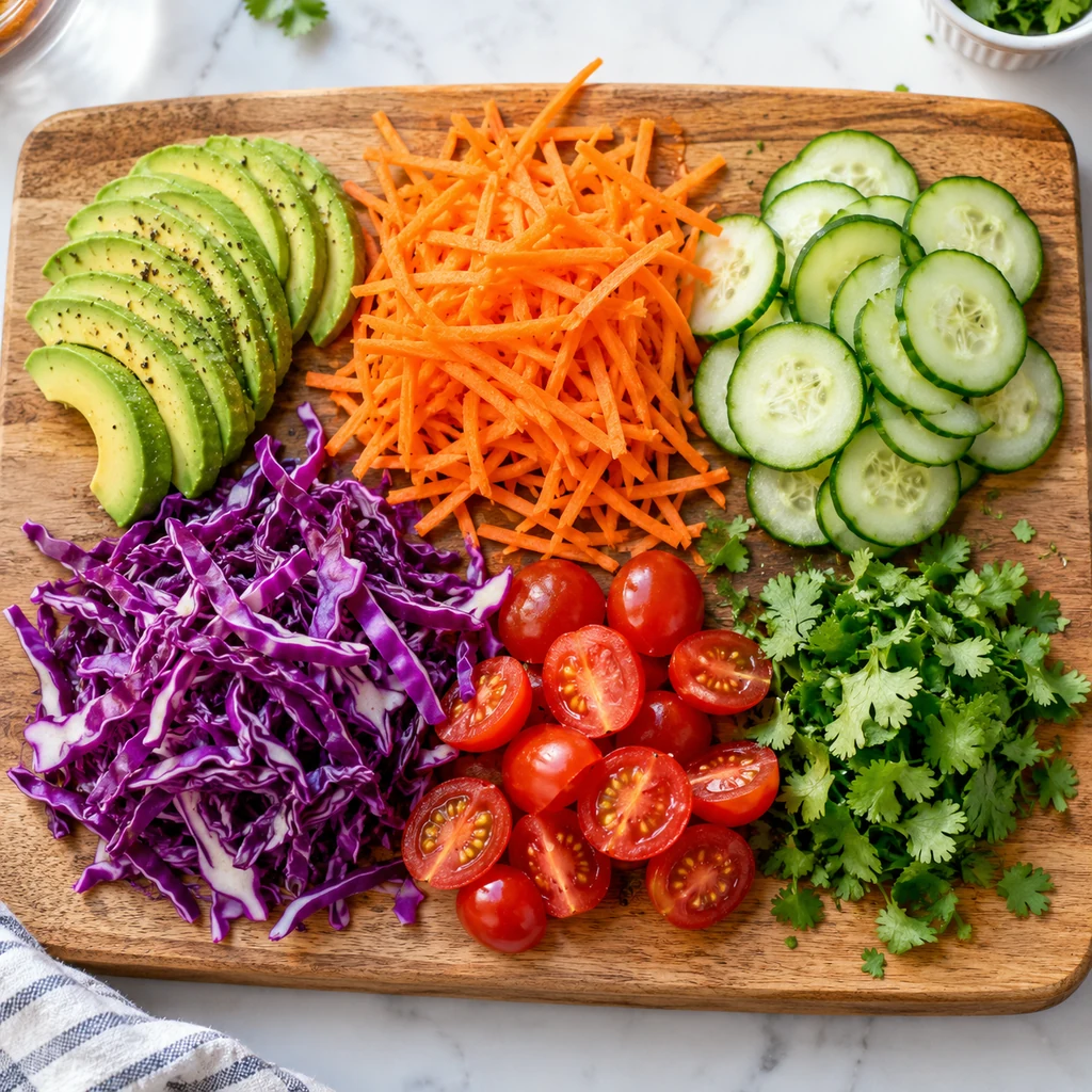Sliced avocado, shredded carrots, cucumber, red cabbage, cherry tomatoes and cilantro prepared on a board