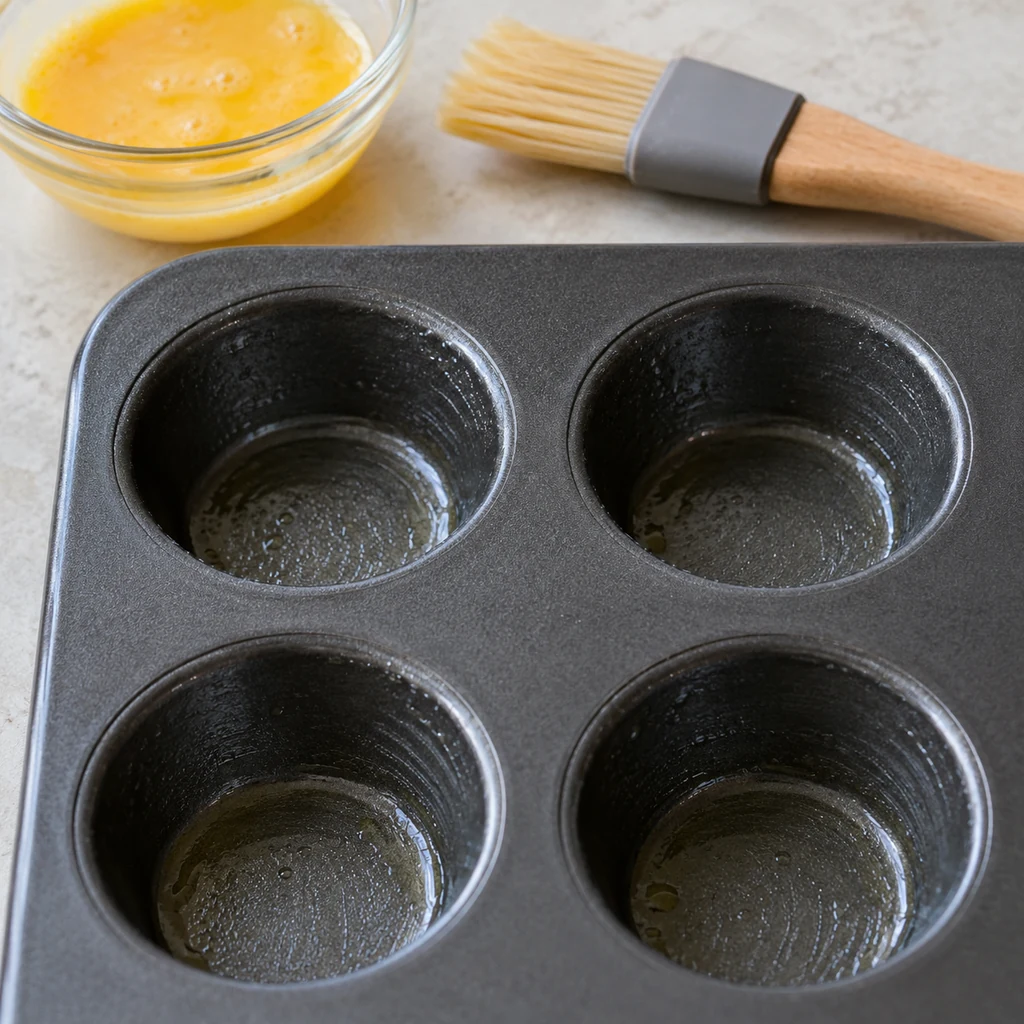 Greased empty wells of a mini muffin pan with beaten egg wash and pastry brush nearby