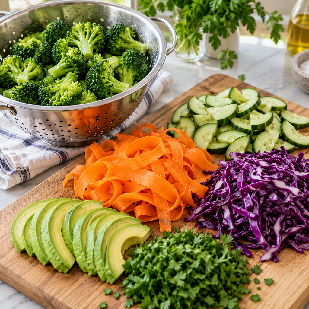 Steamed broccoli with cucumber, carrot ribbons, purple cabbage, avocado and parsley prepared for nourish bowls