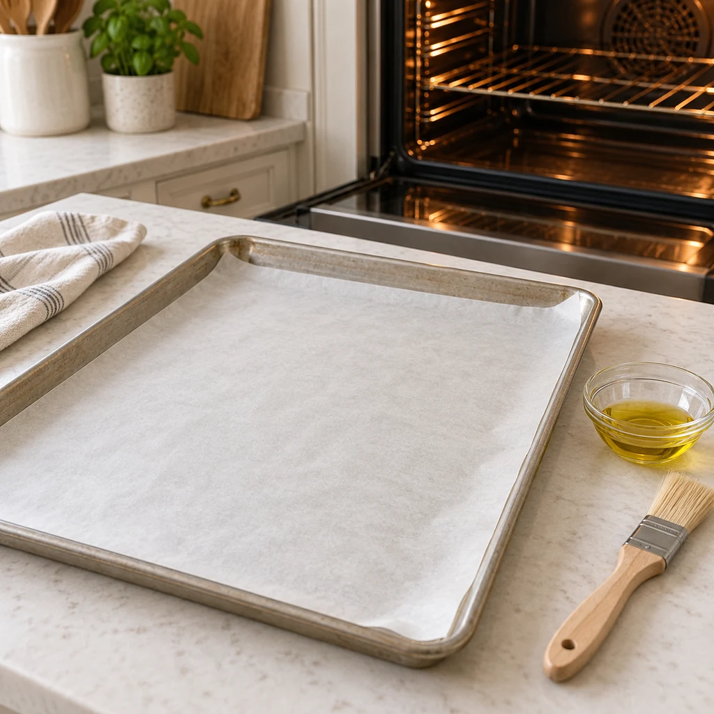Parchment-lined sheet pan beside olive oil and a pastry brush in front of a preheated oven