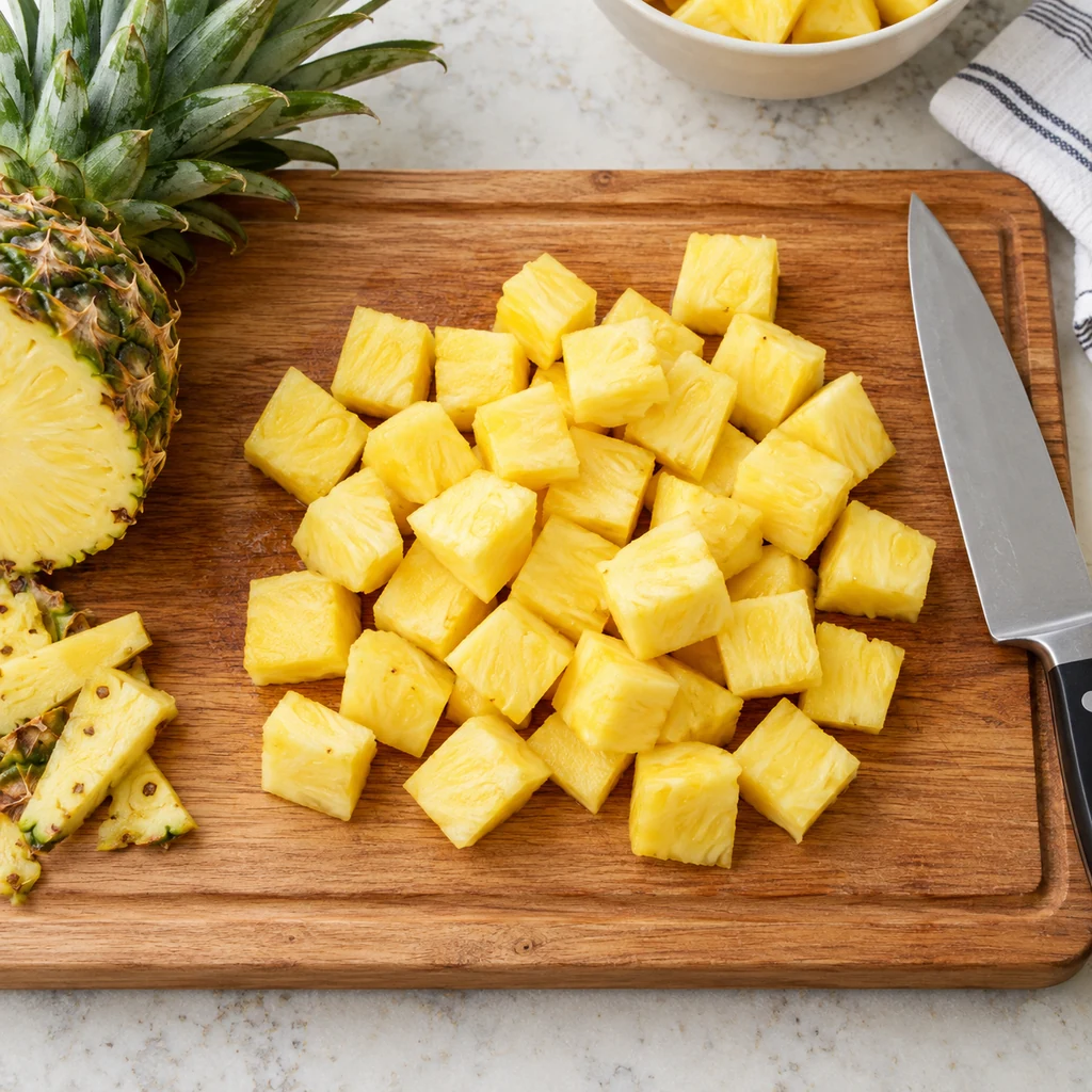 Fresh pineapple cut into even bite-size cubes on a cutting board