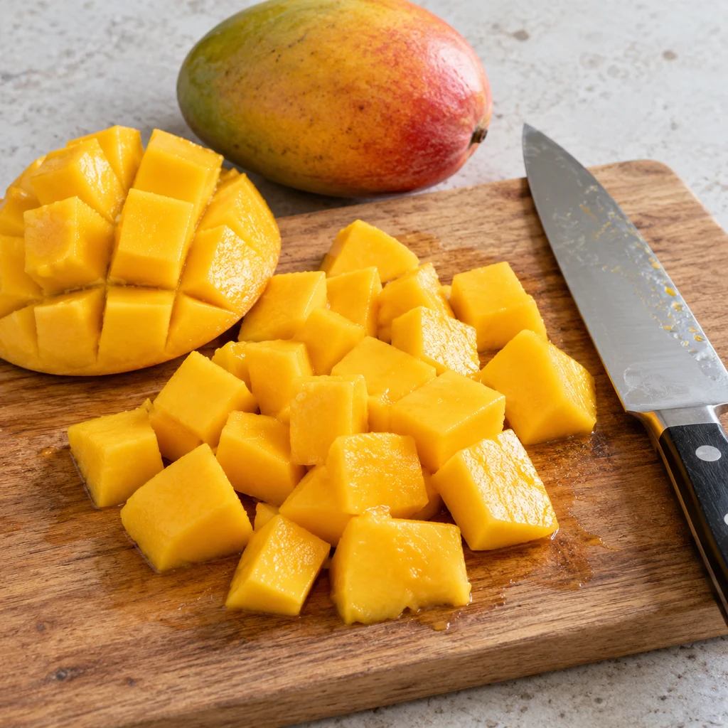 Ripe mango cut into golden chunks on a wooden cutting board