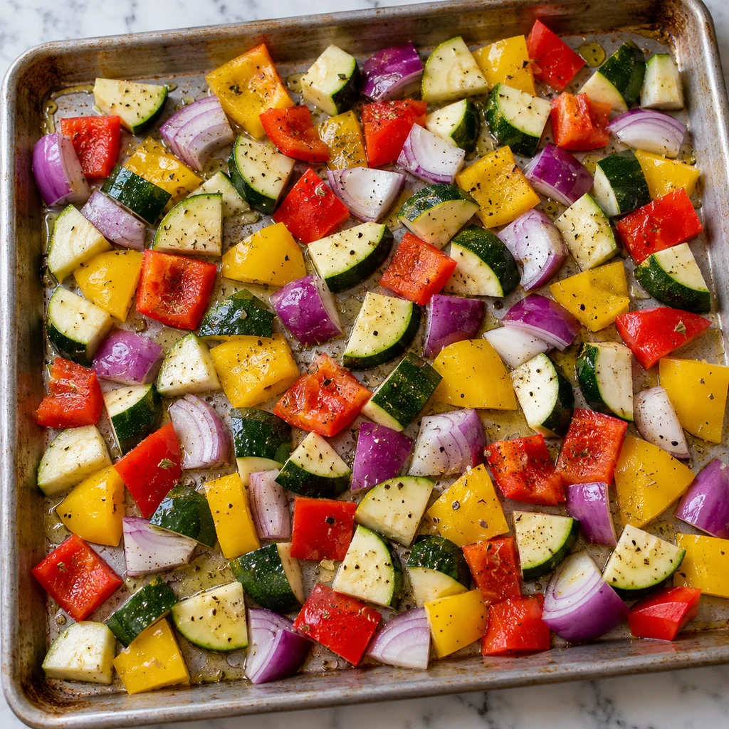 Diced zucchini, bell peppers and red onion arranged on a baking sheet with oil and seasoning