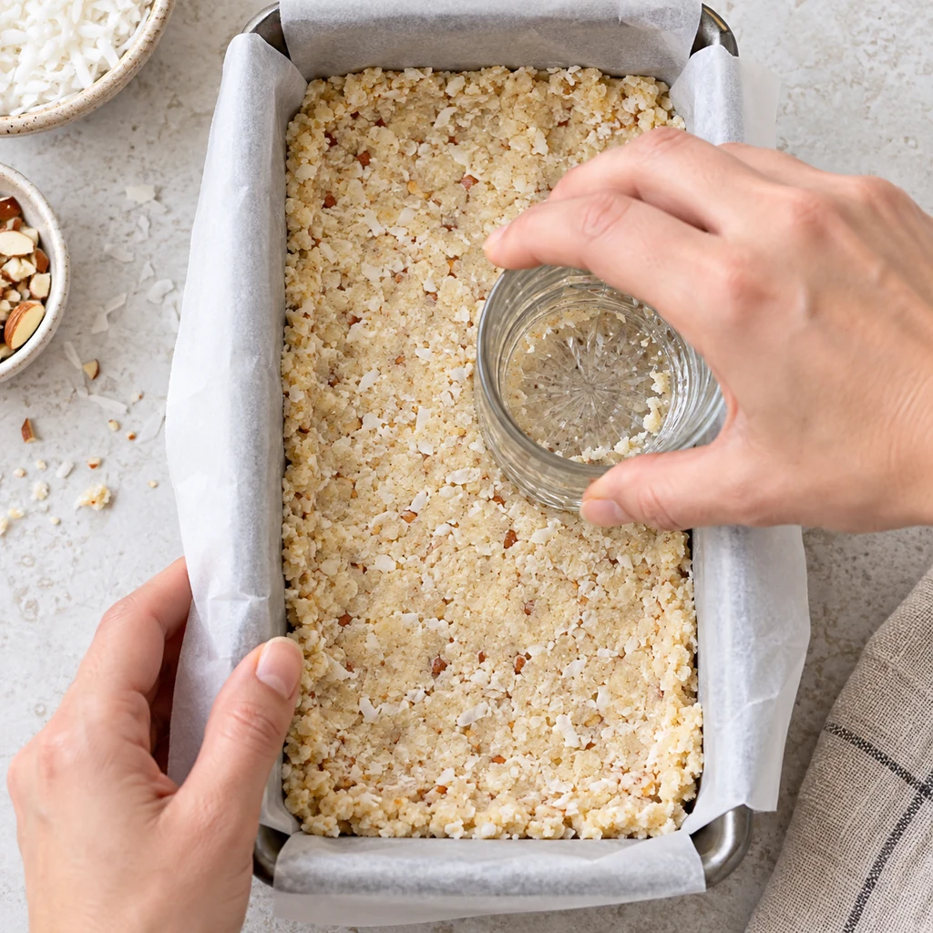 Coconut almond mixture being pressed into a parchment-lined loaf pan