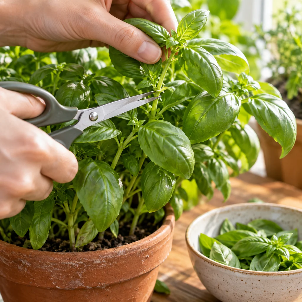 Basil stem being pruned just above a leaf node with clean kitchen scissors