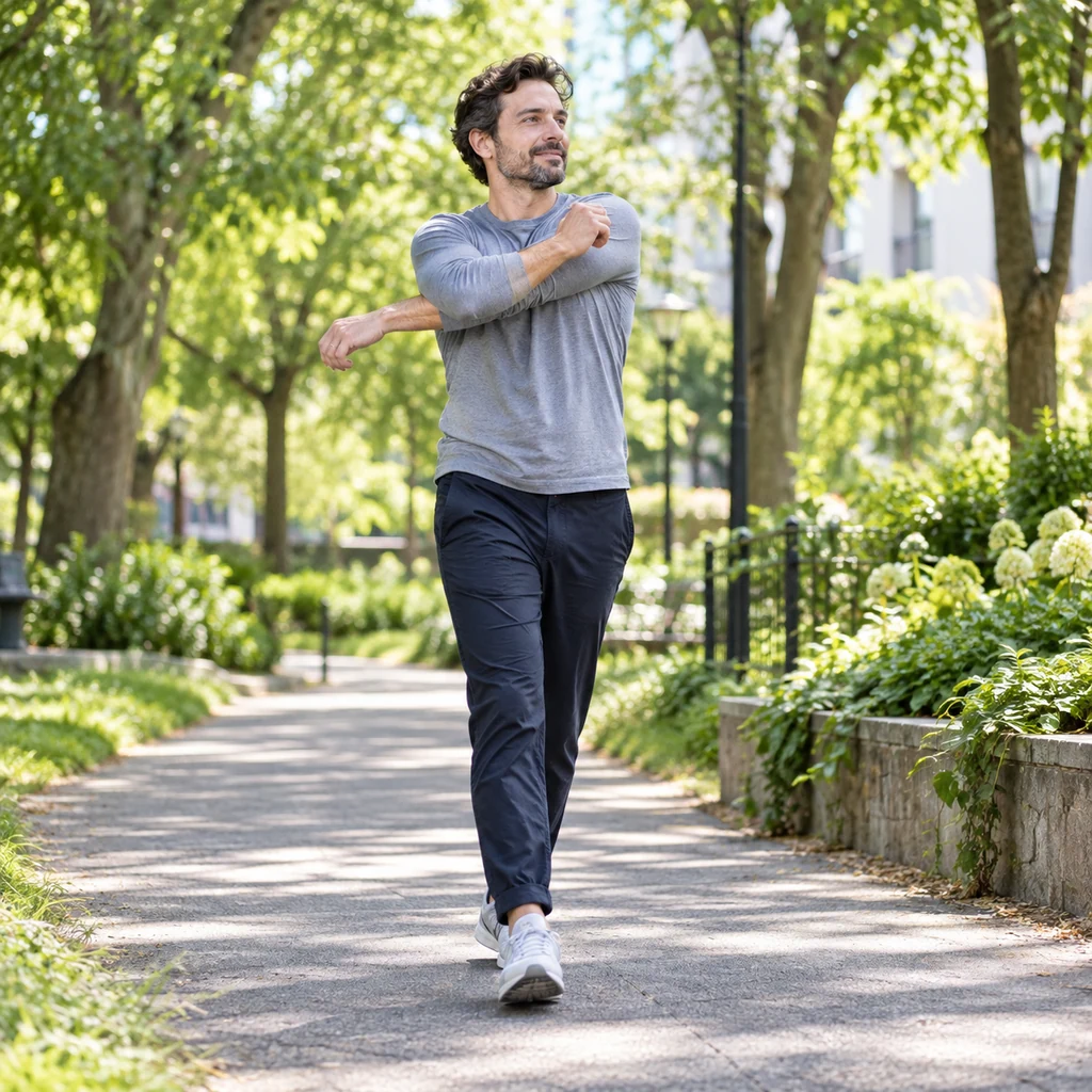Man taking a phone-free walking and shoulder-stretch break in a green park
