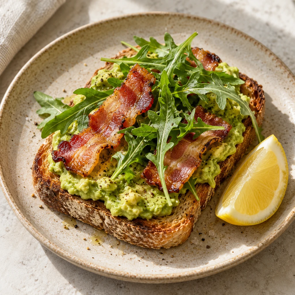 Avocado toast with crisp bacon pieces and fresh arugula