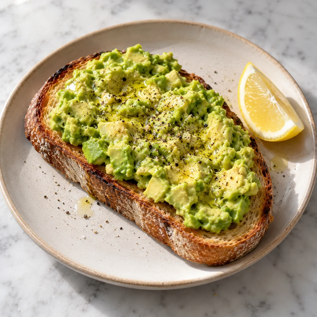 Classic avocado toast with mashed avocado, lemon, olive oil and black pepper