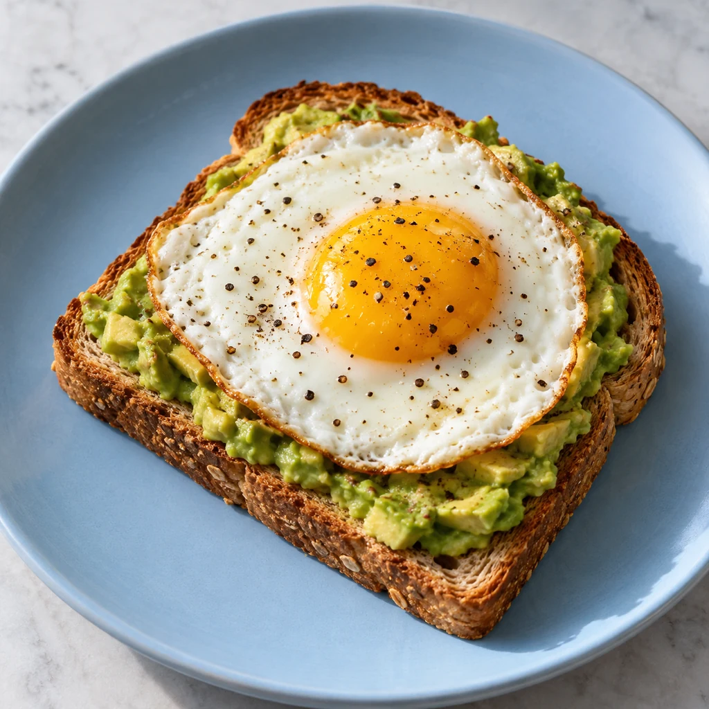 Avocado toast topped with a cooked fried egg and black pepper