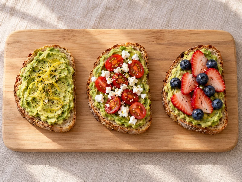 Three avocado toast varieties on a serving board