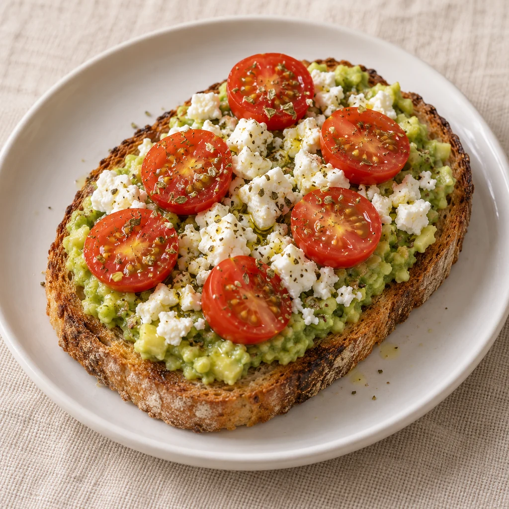 Avocado toast topped with crumbled feta and halved cherry tomatoes