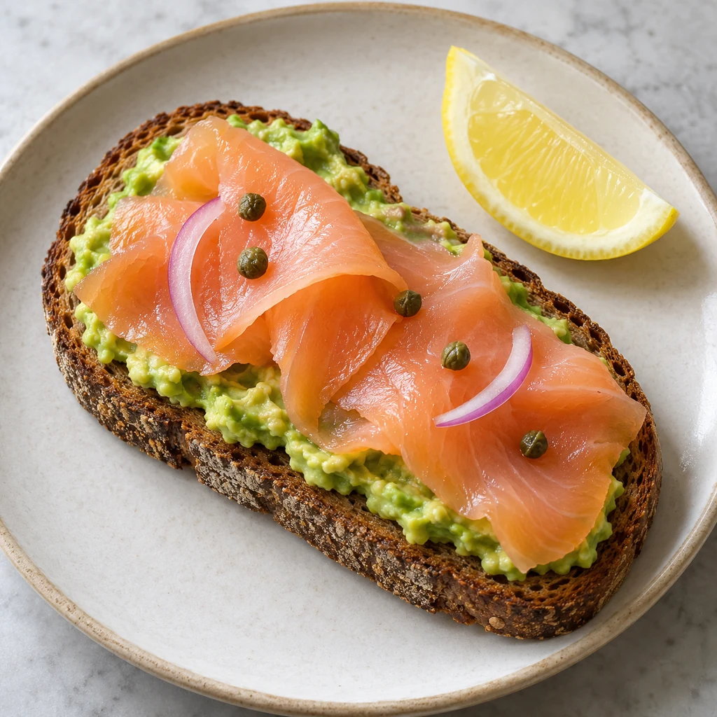 Avocado toast with smoked salmon, capers, red onion and lemon
