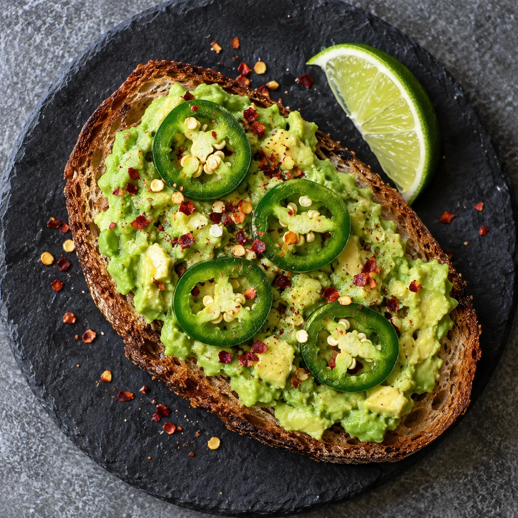 Avocado toast with jalapeno slices, chili flakes and lime