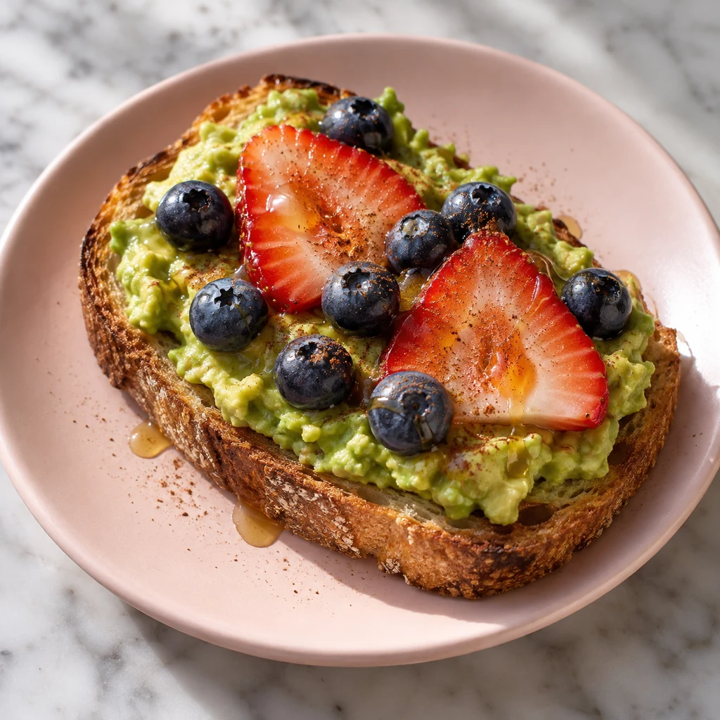 Sweet avocado toast topped with strawberry slices, blueberries and a little honey