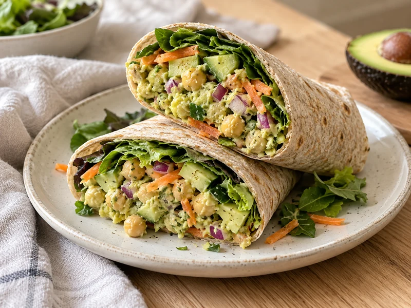 Finished avocado chickpea wraps with cucumber, carrot, red onion and greens