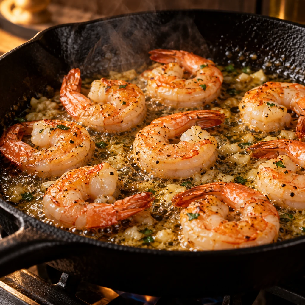 Large shrimp quickly searing in garlic butter in a black cast-iron skillet