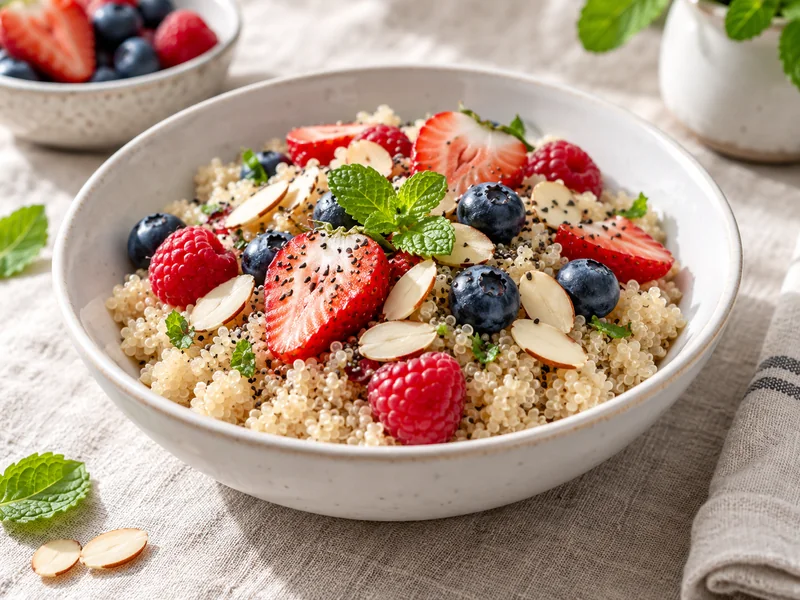 Quinoa breakfast bowl with berries sliced almonds chia and fresh mint
