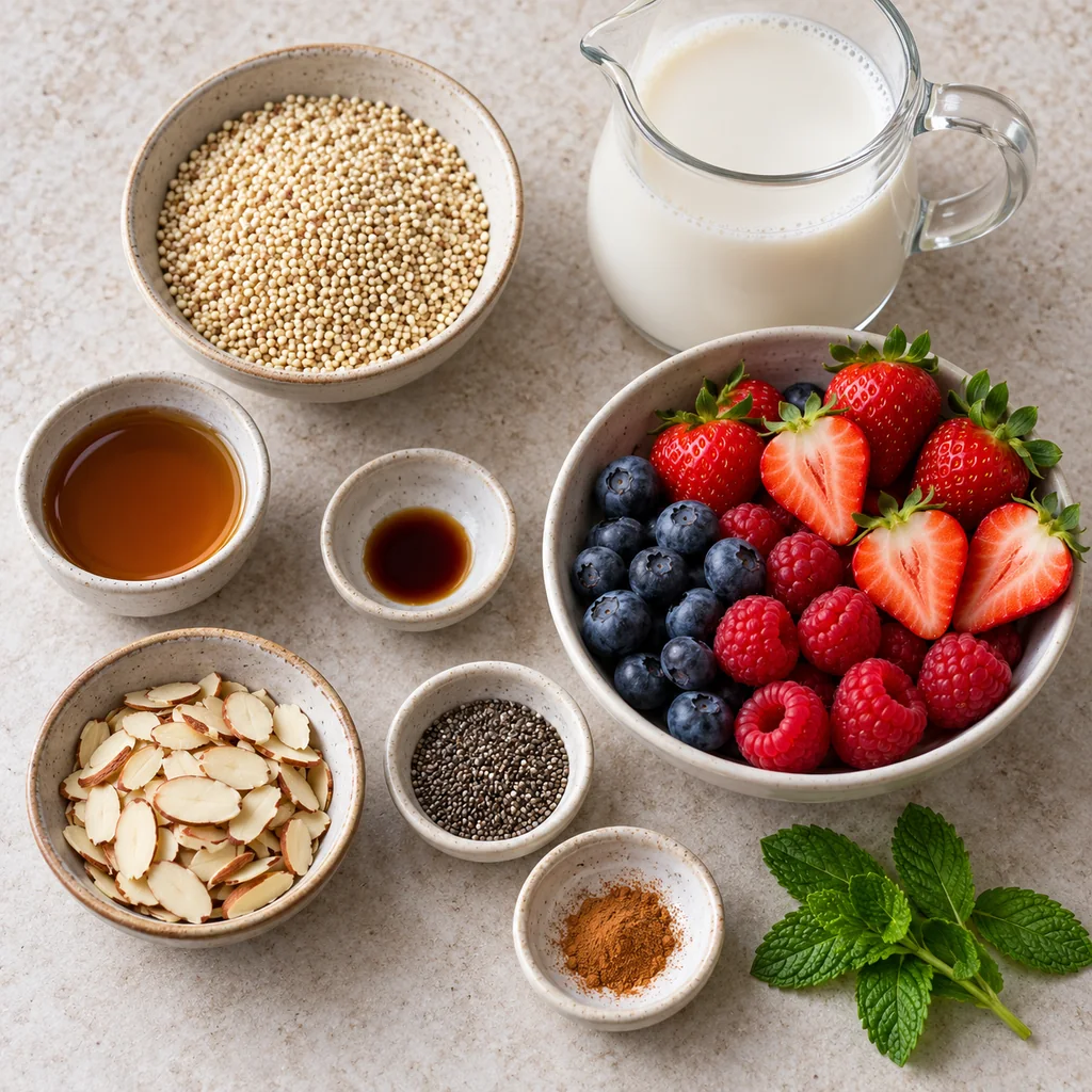 Dry quinoa, almond milk, maple syrup, fresh mixed berries, sliced almonds, chia, cinnamon and mint separately arranged
