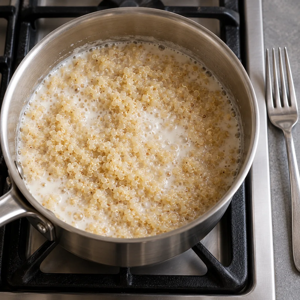 Small quinoa grains simmering in liquid in a saucepan before berry toppings are added