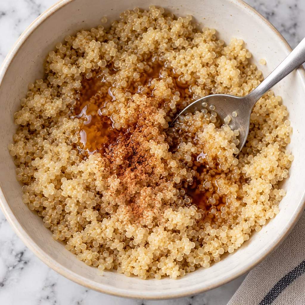 Fluffy cooked quinoa being gently mixed with maple syrup, vanilla and a little cinnamon