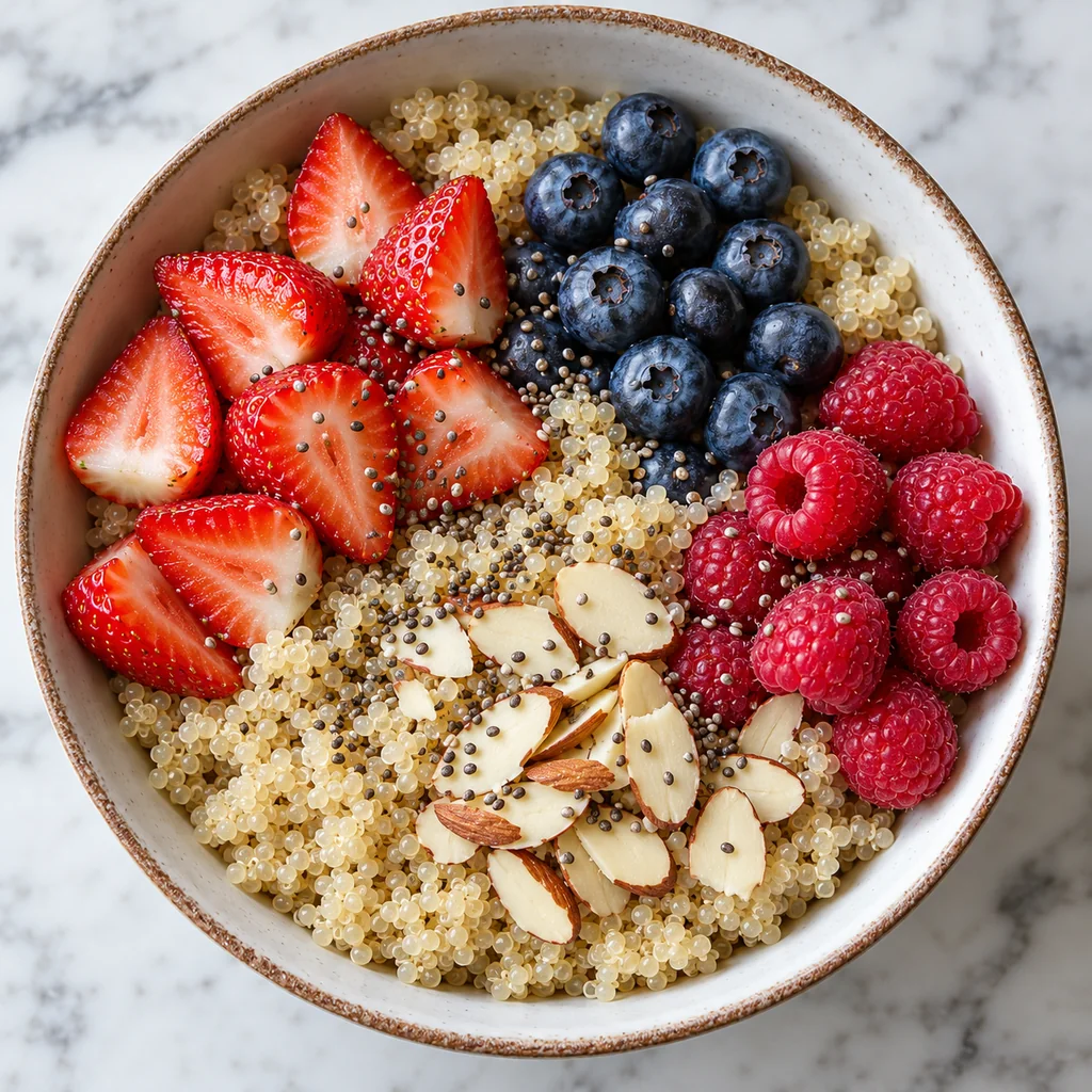 Cooked quinoa topped with fresh mixed berries, sliced almonds and a few chia seeds before mint garnish